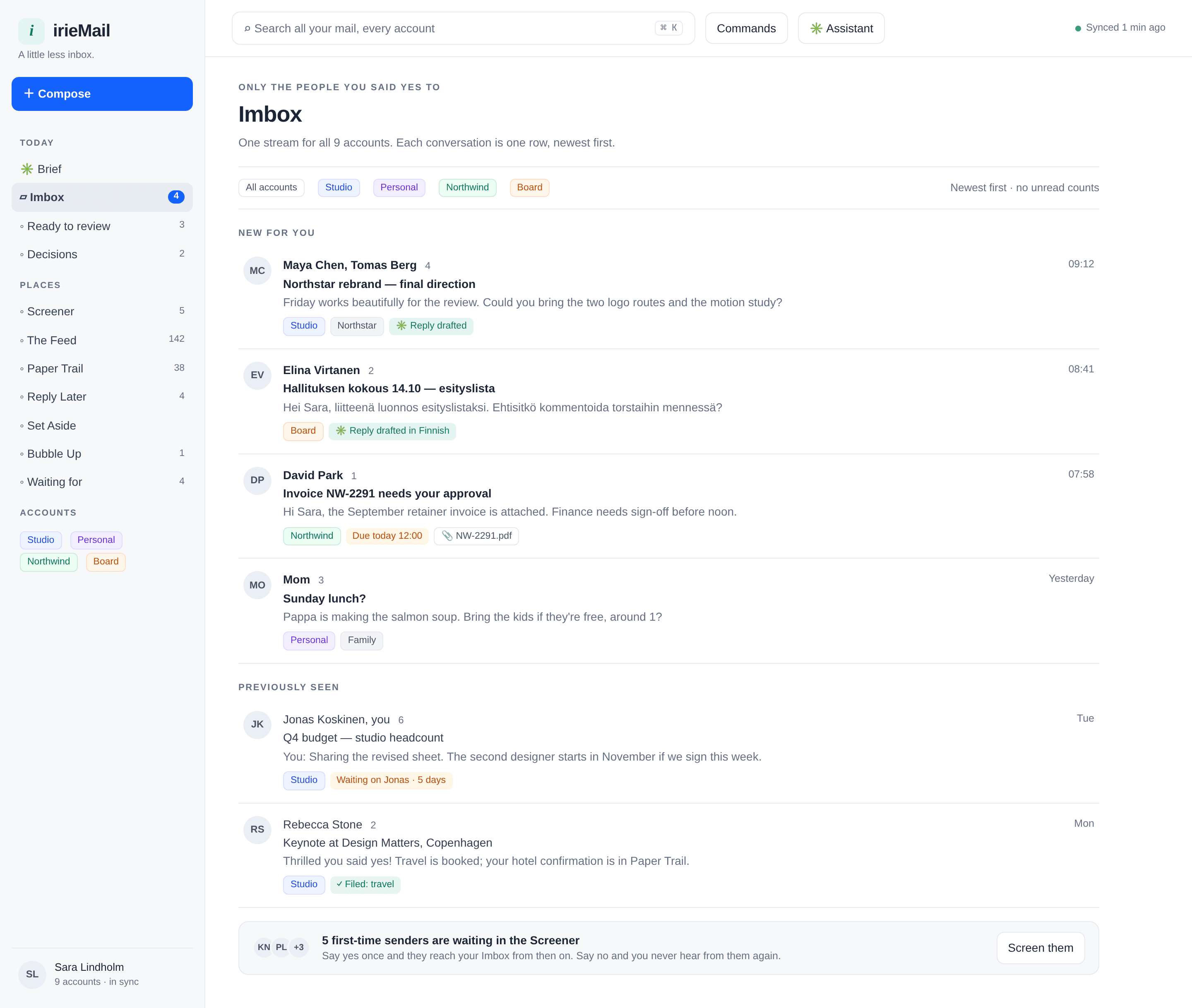 The Imbox: one stream for nine accounts, each conversation tagged with its account, with a note where a reply is already drafted.